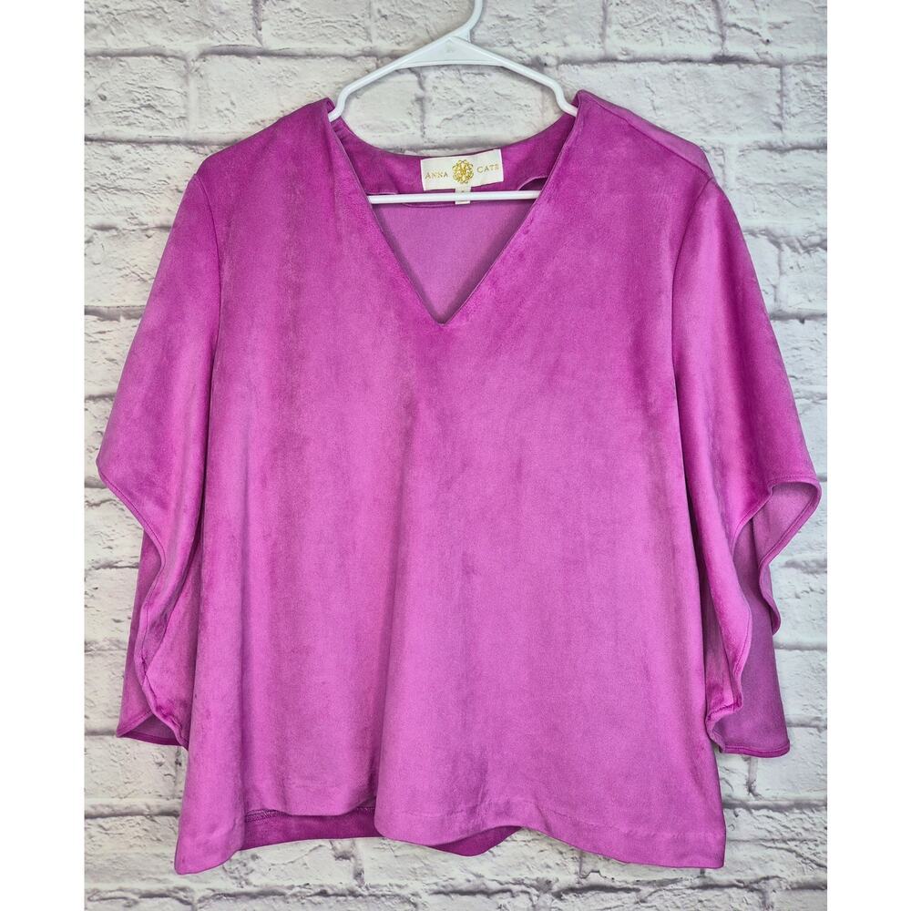 Anna Cate Nina Suede Blouse Medium Magenta Pink Faux Suede VNeck Cape Sleeve Top